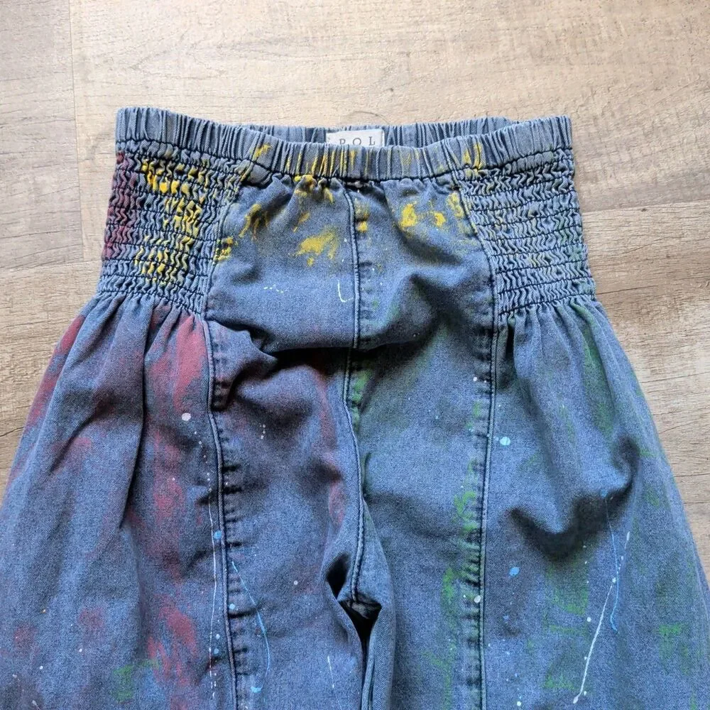 POL Clothing Women's Paint Splatter Denim Pants Sz M Smocked Elastic Waist Boho - Picture 7 of 8